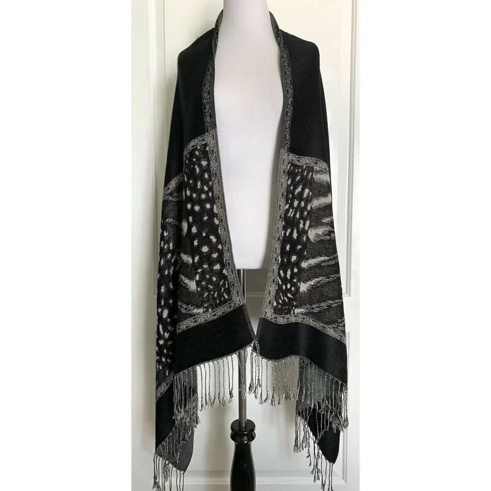 Los Angeles Boutique Designer Pashmina Scarf Wrap Warm Black White Gray Fringe